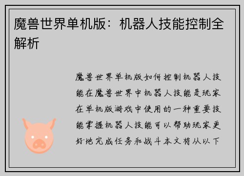 魔兽世界单机版：机器人技能控制全解析